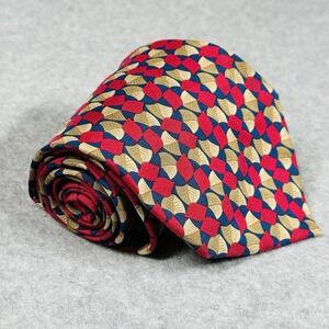 Vintage Nazareno Gabrielli Silk Tie Red Gold Blue Geometric Leaf Italy 56x4in